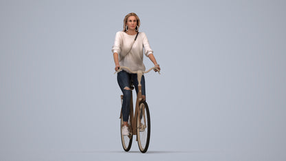 realistic 3D woman casual cycling, scanned archviz people for Blender and 3ds Max, top-down view render
