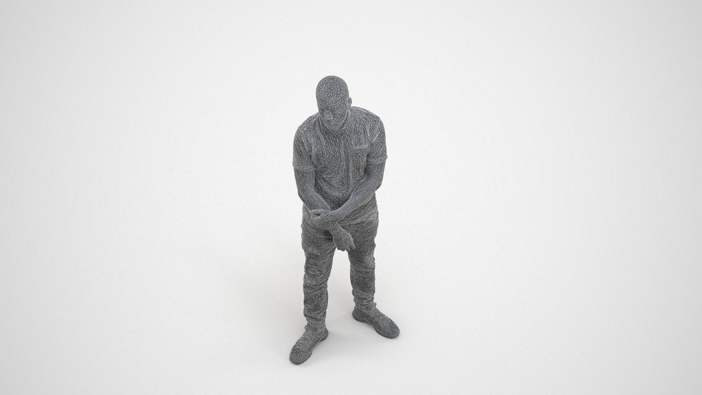 3D human model man casual standing, photogrammetry scanned person for archviz, wireframe three-quarter view