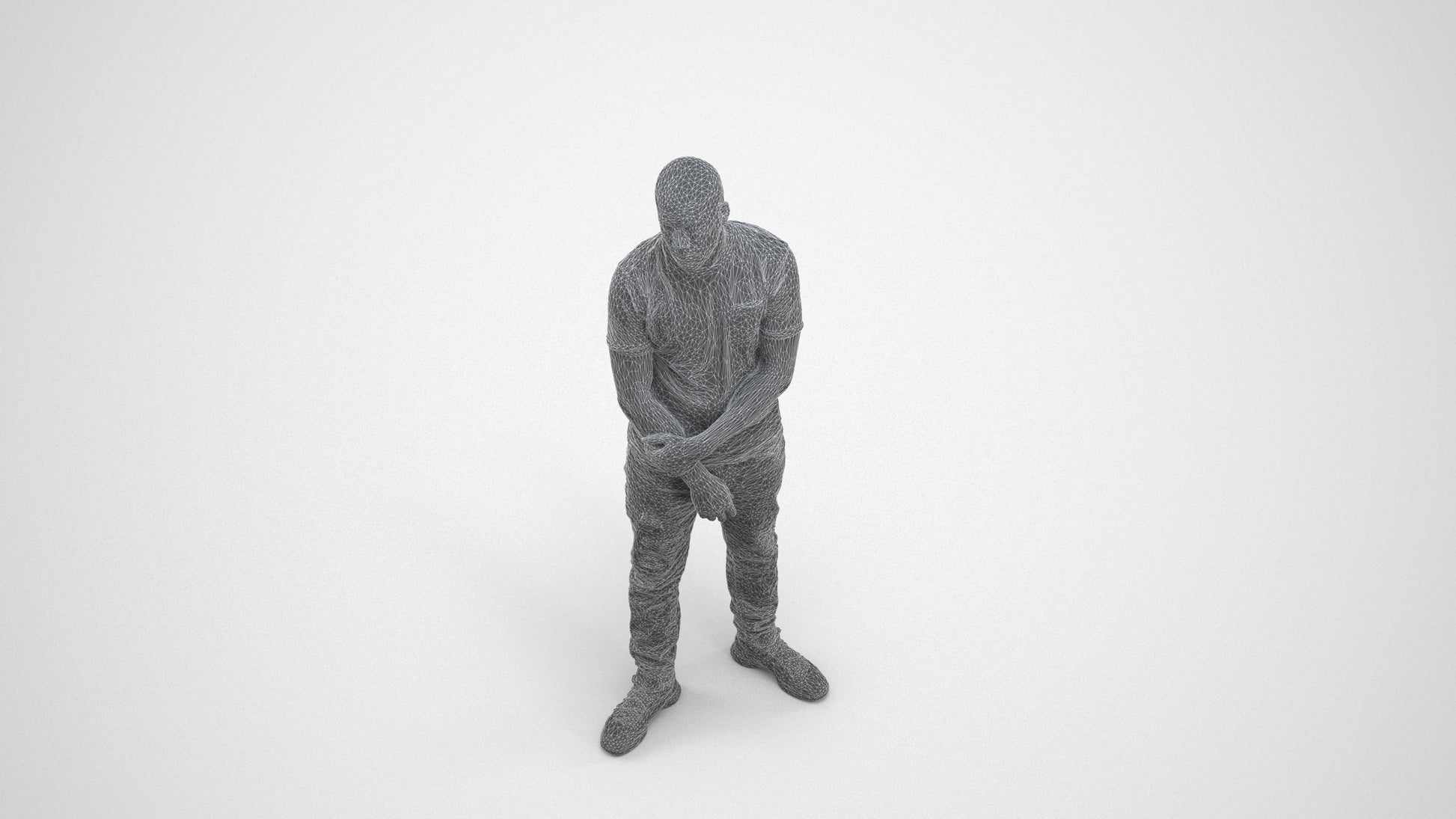 3D human model man casual standing, photogrammetry scanned person for archviz, wireframe three-quarter view