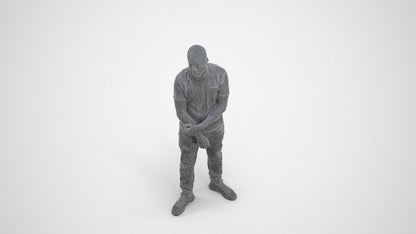 3D human model man casual standing, photogrammetry scanned person for archviz, wireframe three-quarter view