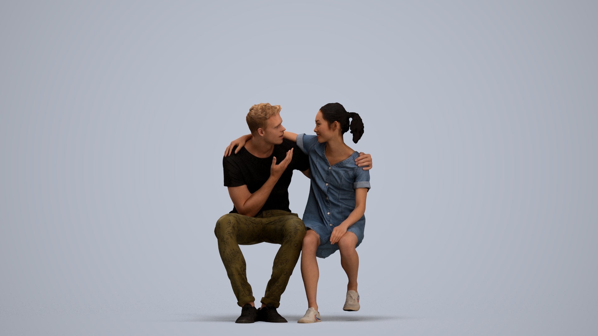 scanned 3D girl casual couple, photogrammetry people for Enscape and V-Ray, standing pose render
