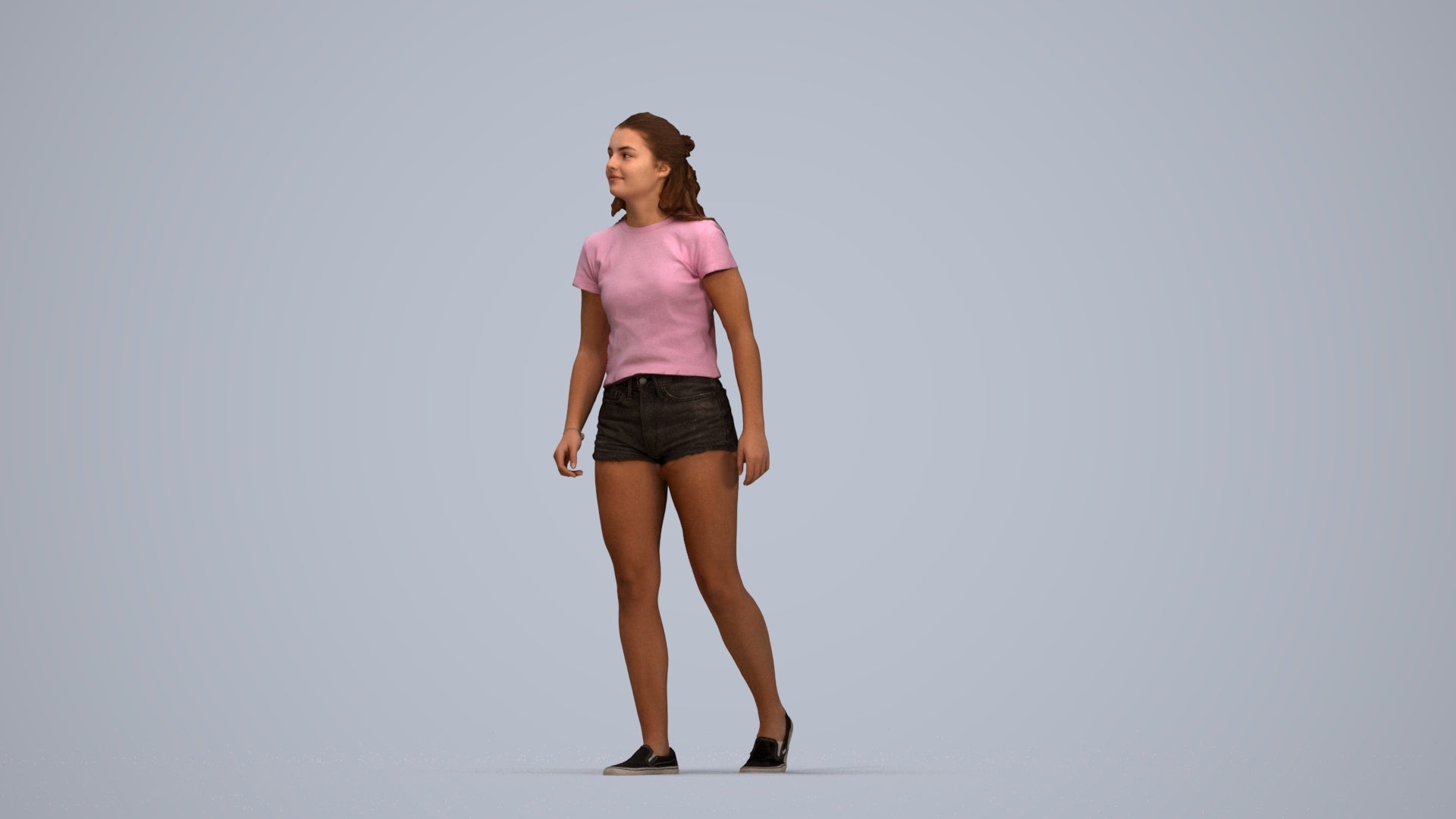 photogrammetry 3D girl casual standing, realistic human model archviz FBX, top-down view render
