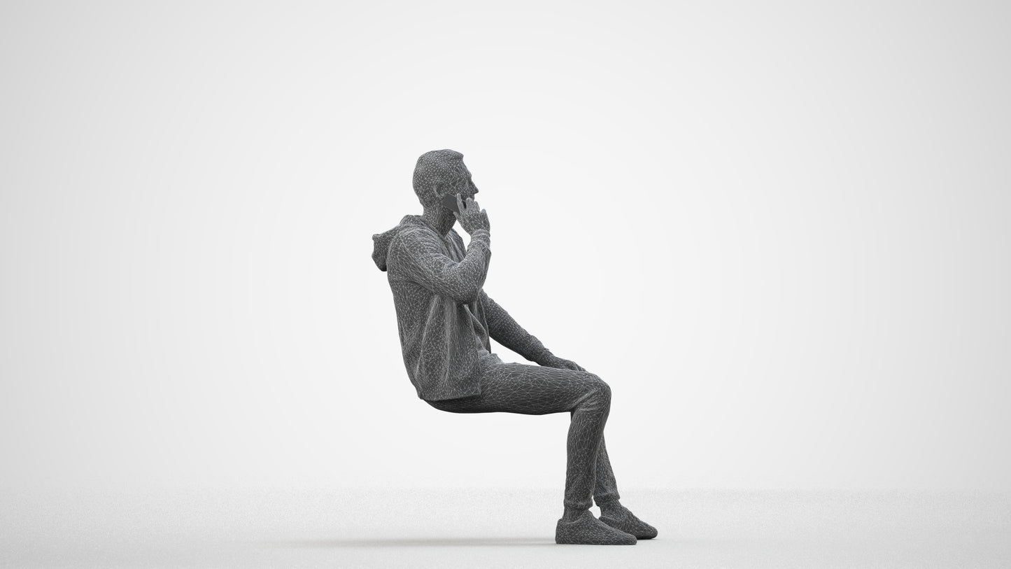 realistic 3D human man casual sitting, archviz people FBX OBJ for Blender, wireframe side view