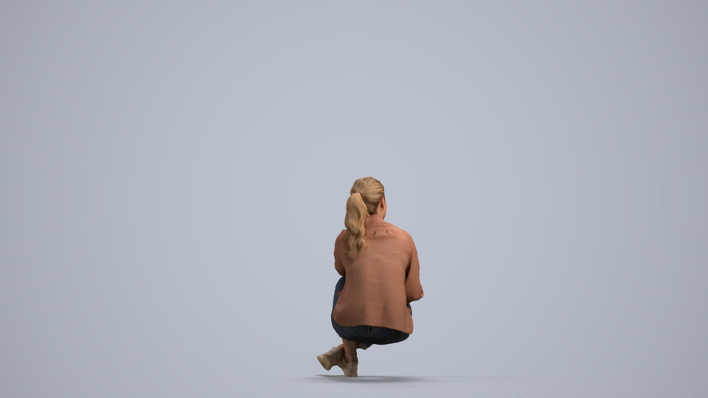 3D human model woman casual sitting, photogrammetry scanned person for archviz, front view render