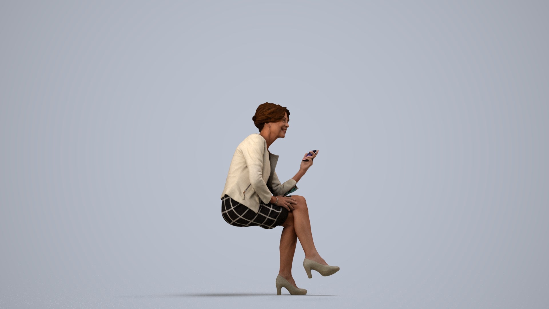 realistic 3D human woman business sitting, archviz people FBX OBJ for Blender, side view render