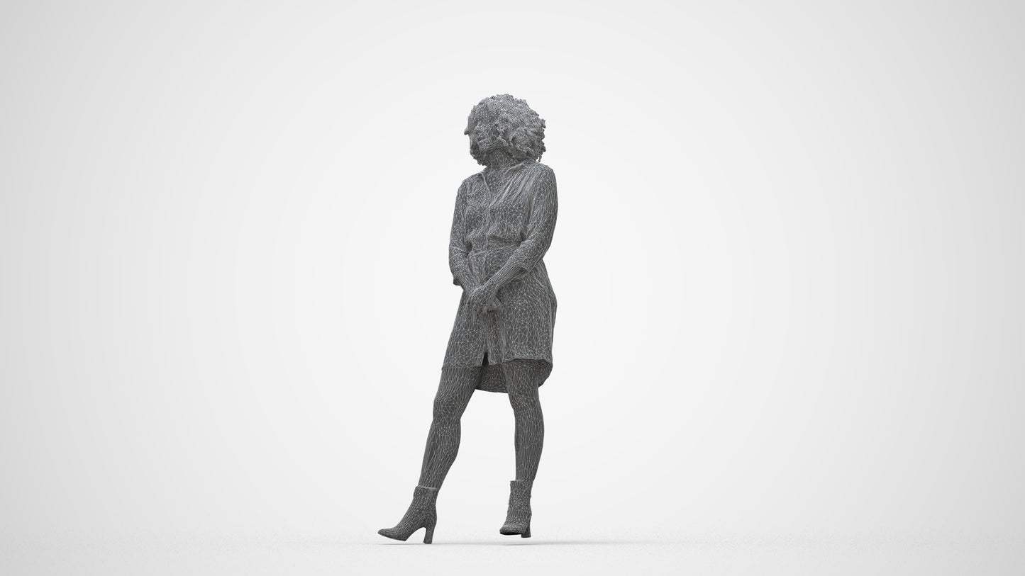 3D human model woman casual standing, photogrammetry scanned person for archviz, wireframe back view