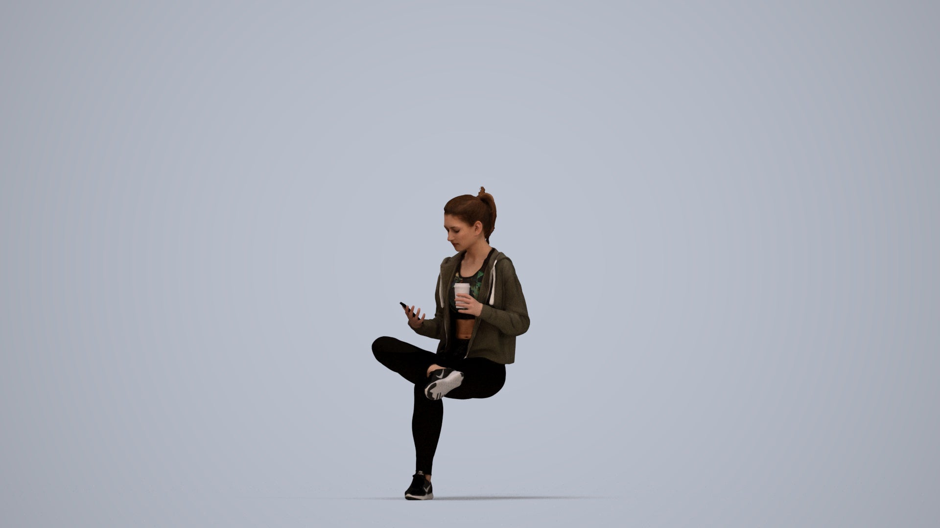 realistic 3D woman sport sitting, scanned archviz people for Blender and 3ds Max, top-down view render