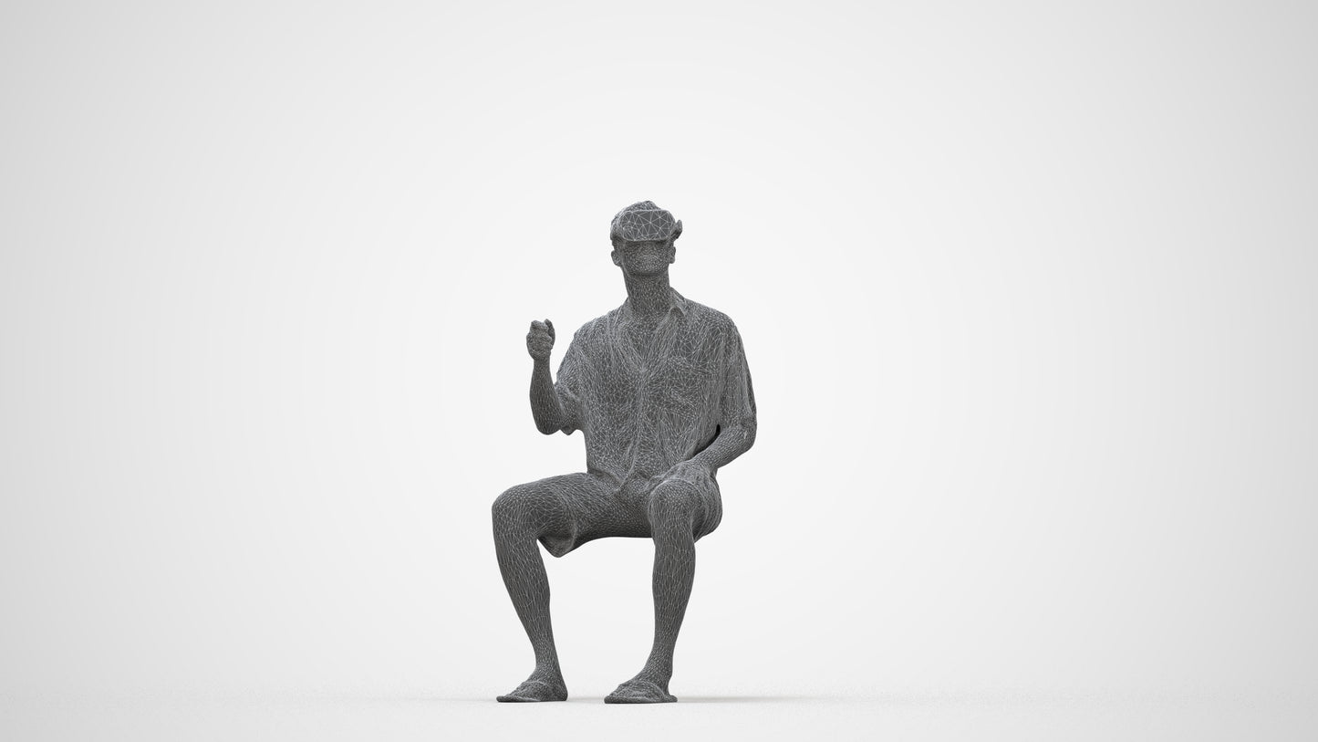 3D human model man casual sitting, photogrammetry scanned person for archviz, wireframe back view