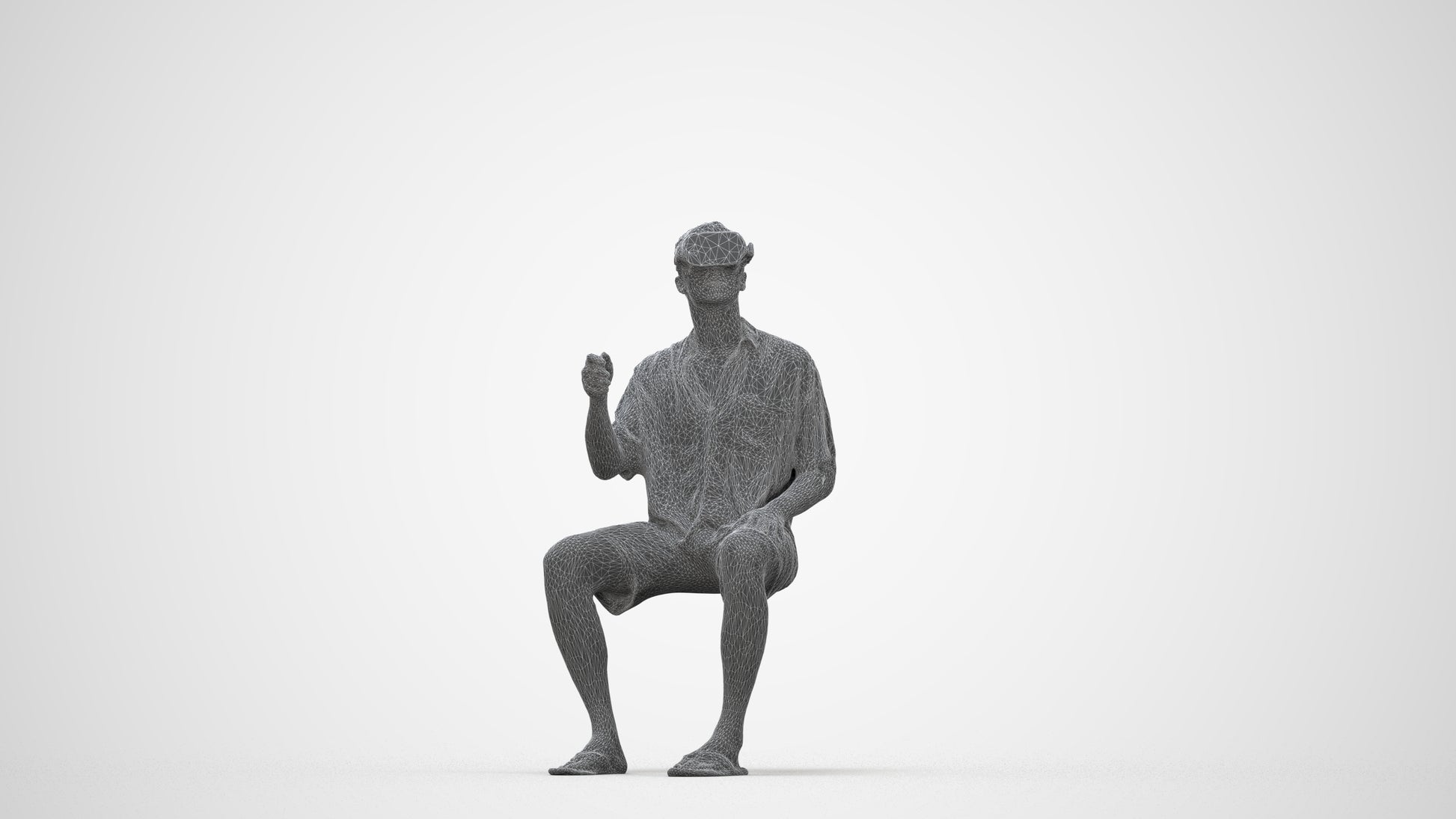 3D human model man casual sitting, photogrammetry scanned person for archviz, wireframe back view