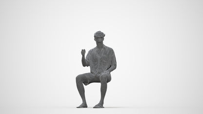 3D human model man casual sitting, photogrammetry scanned person for archviz, wireframe back view