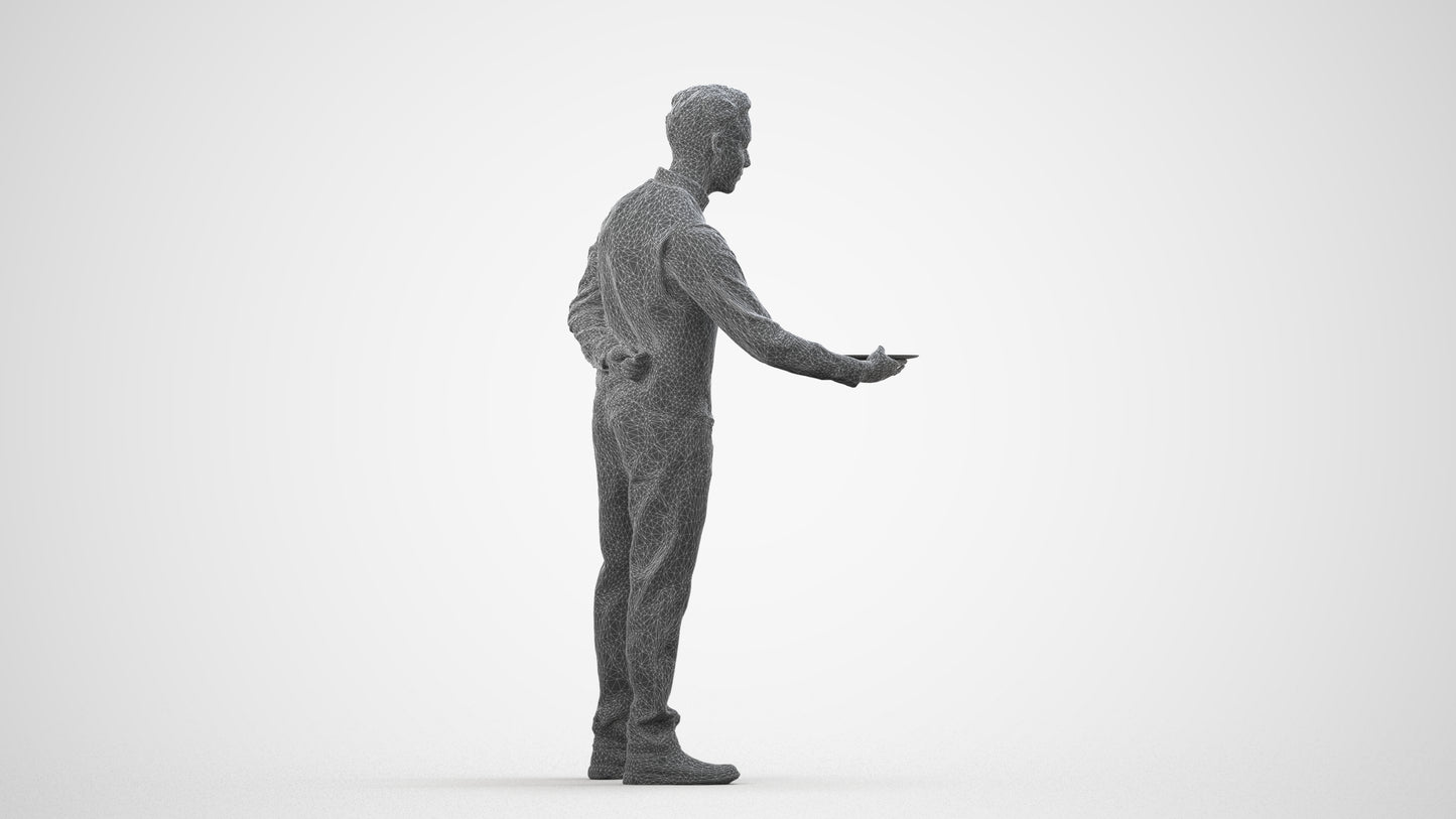 3D scanned man hospitality, photorealistic archviz people for Enscape and SketchUp, wireframe side view