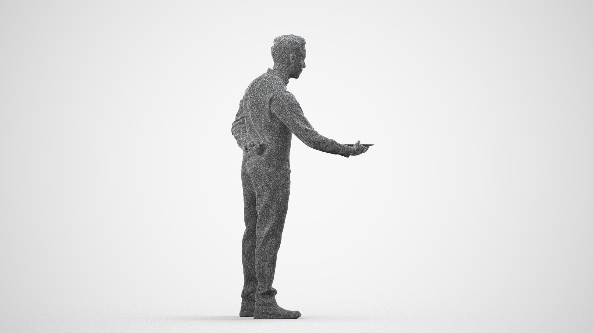 3D scanned man hospitality, photorealistic archviz people for Enscape and SketchUp, wireframe side view