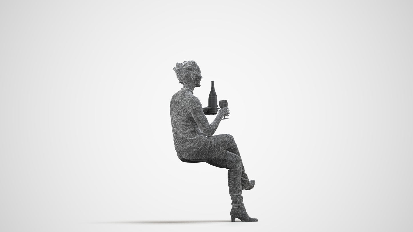 3D human model woman casual sitting, photogrammetry scanned person for archviz, wireframe side view