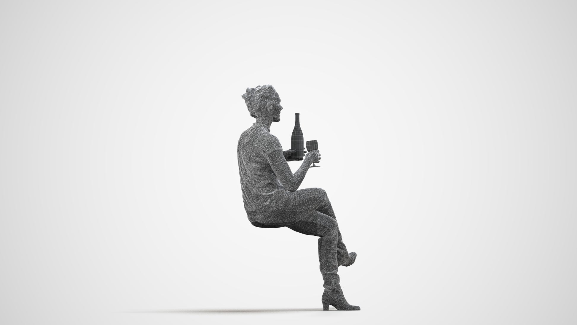 3D human model woman casual sitting, photogrammetry scanned person for archviz, wireframe side view
