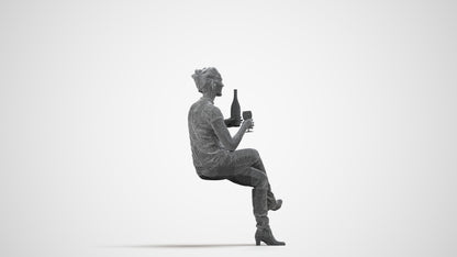 3D human model woman casual sitting, photogrammetry scanned person for archviz, wireframe side view