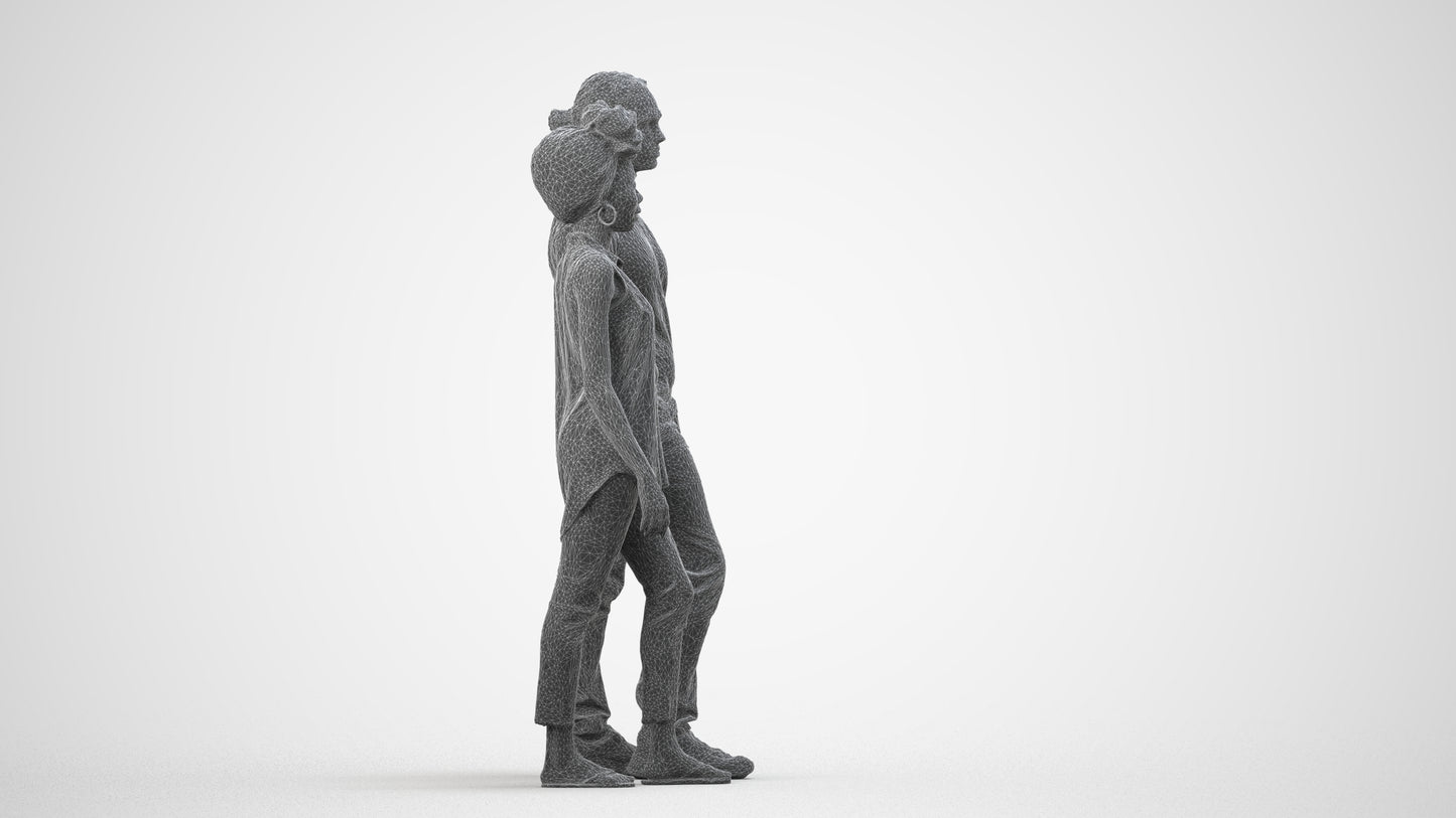 3D human model woman casual couple, photogrammetry scanned person for archviz, wireframe side view