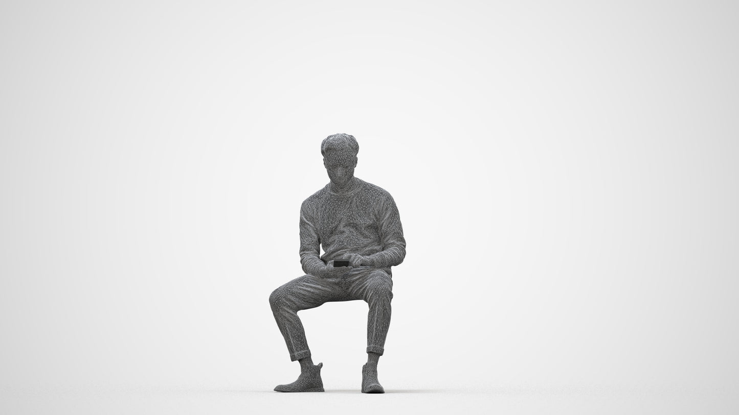 3D people model man casual sitting, scanned human for 3ds Max rendering, wireframe back view