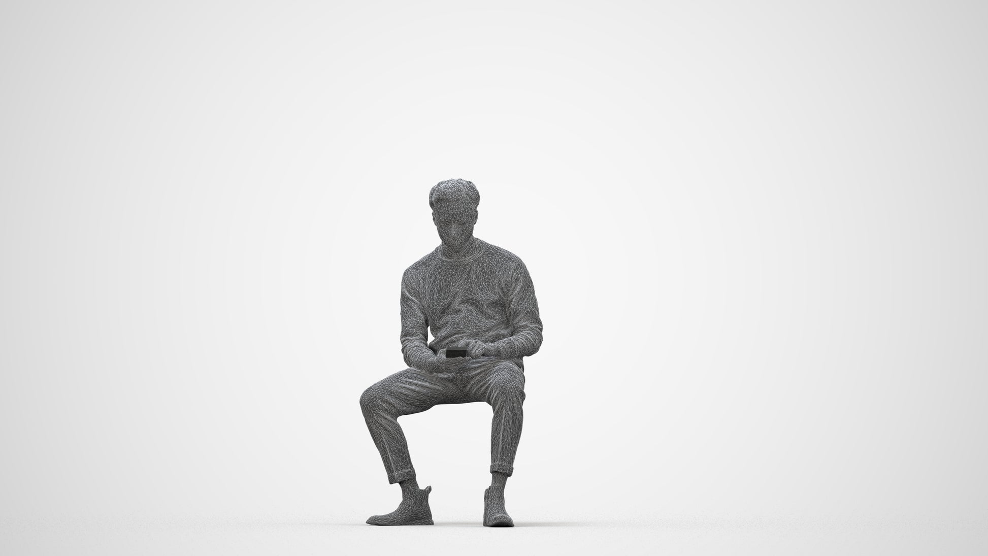 3D people model man casual sitting, scanned human for 3ds Max rendering, wireframe back view
