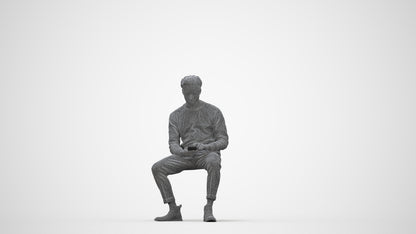 3D people model man casual sitting, scanned human for 3ds Max rendering, wireframe back view