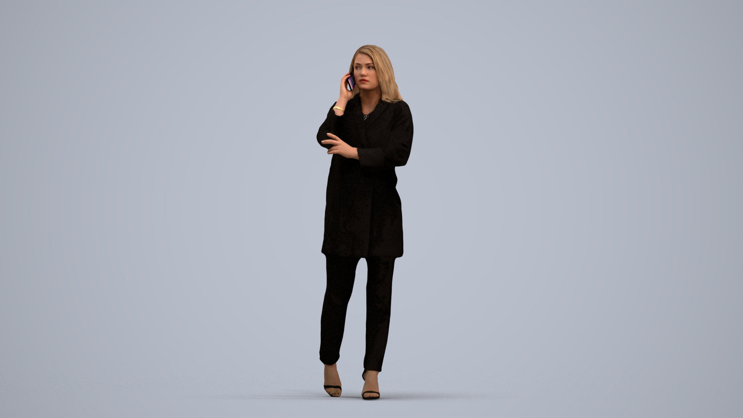 3D human model woman business walking, photogrammetry scanned person for archviz, standing pose render