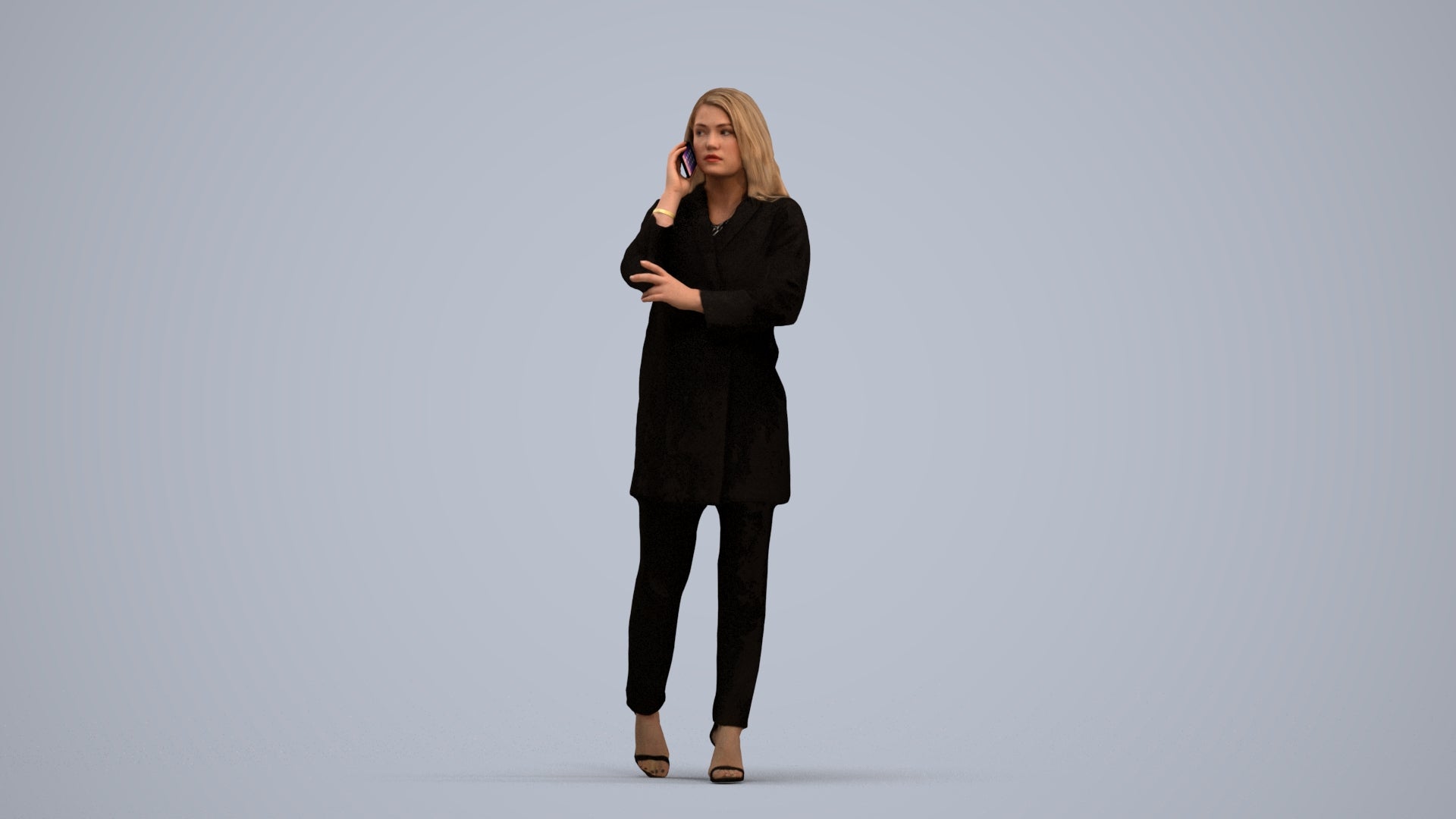 3D human model woman business walking, photogrammetry scanned person for archviz, standing pose render