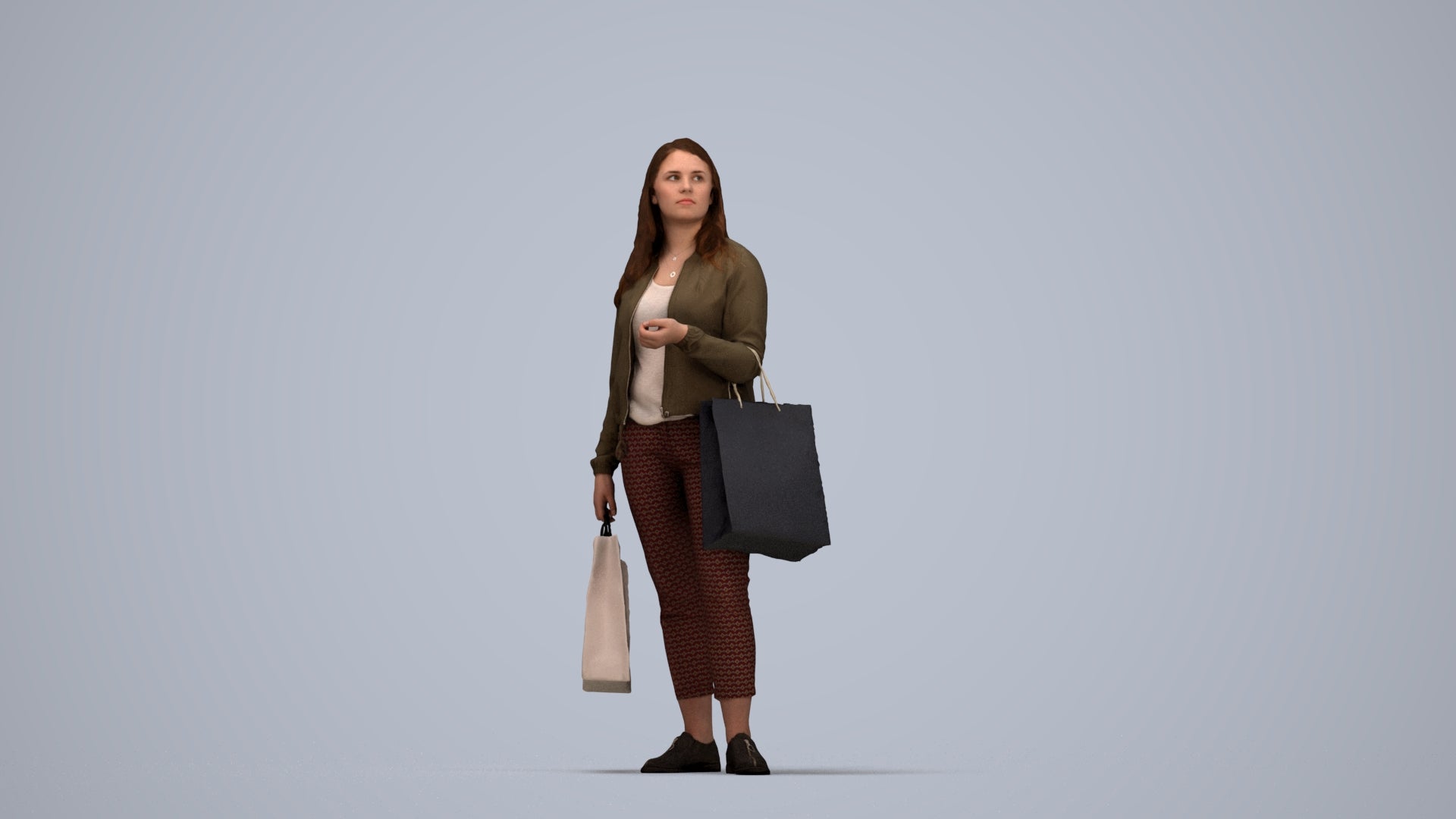 scanned 3D woman casual shopping, photogrammetry people for Enscape and V-Ray, top-down view render