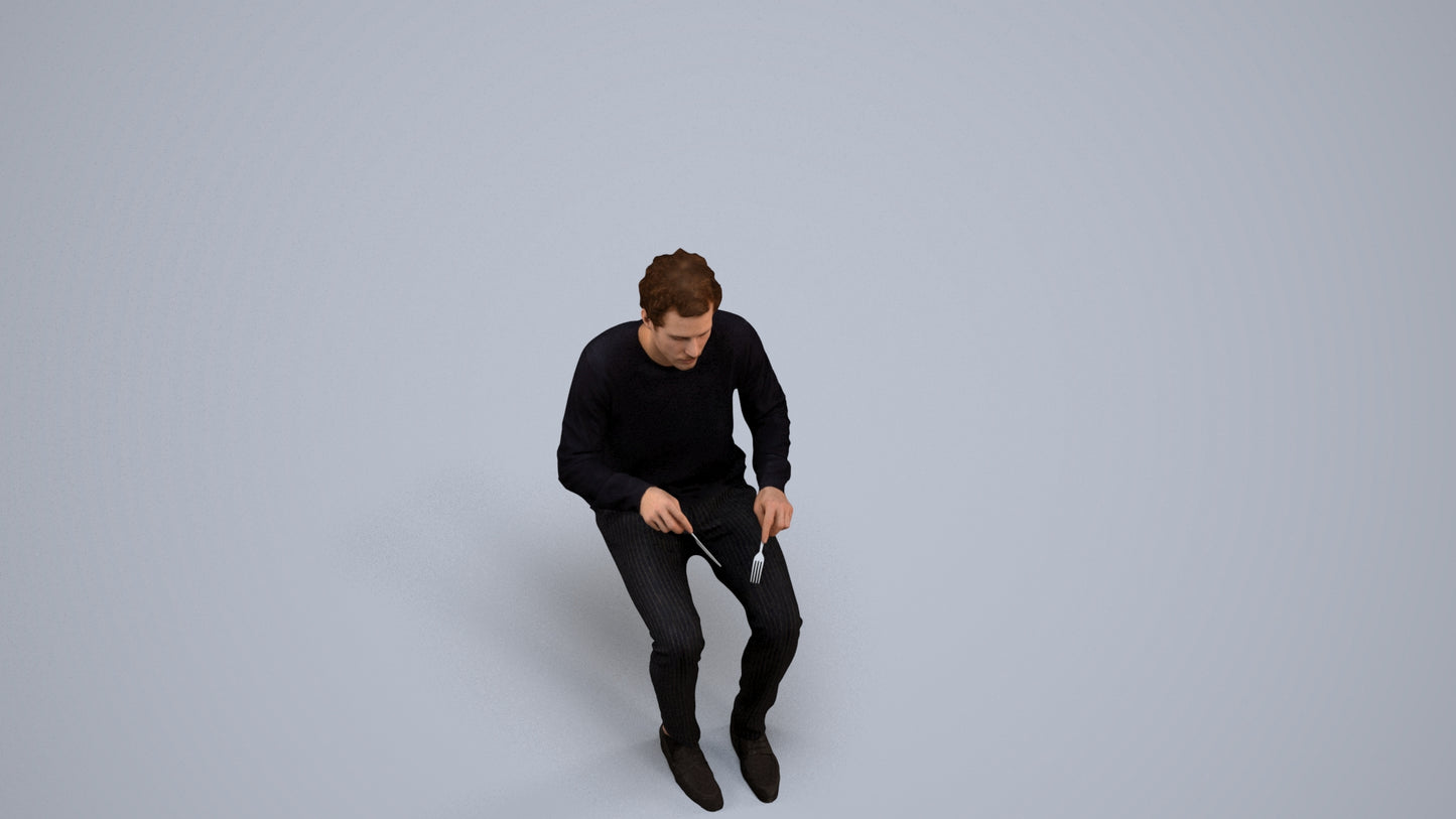scanned 3D man casual sitting, photogrammetry people for Enscape and V-Ray, back view render