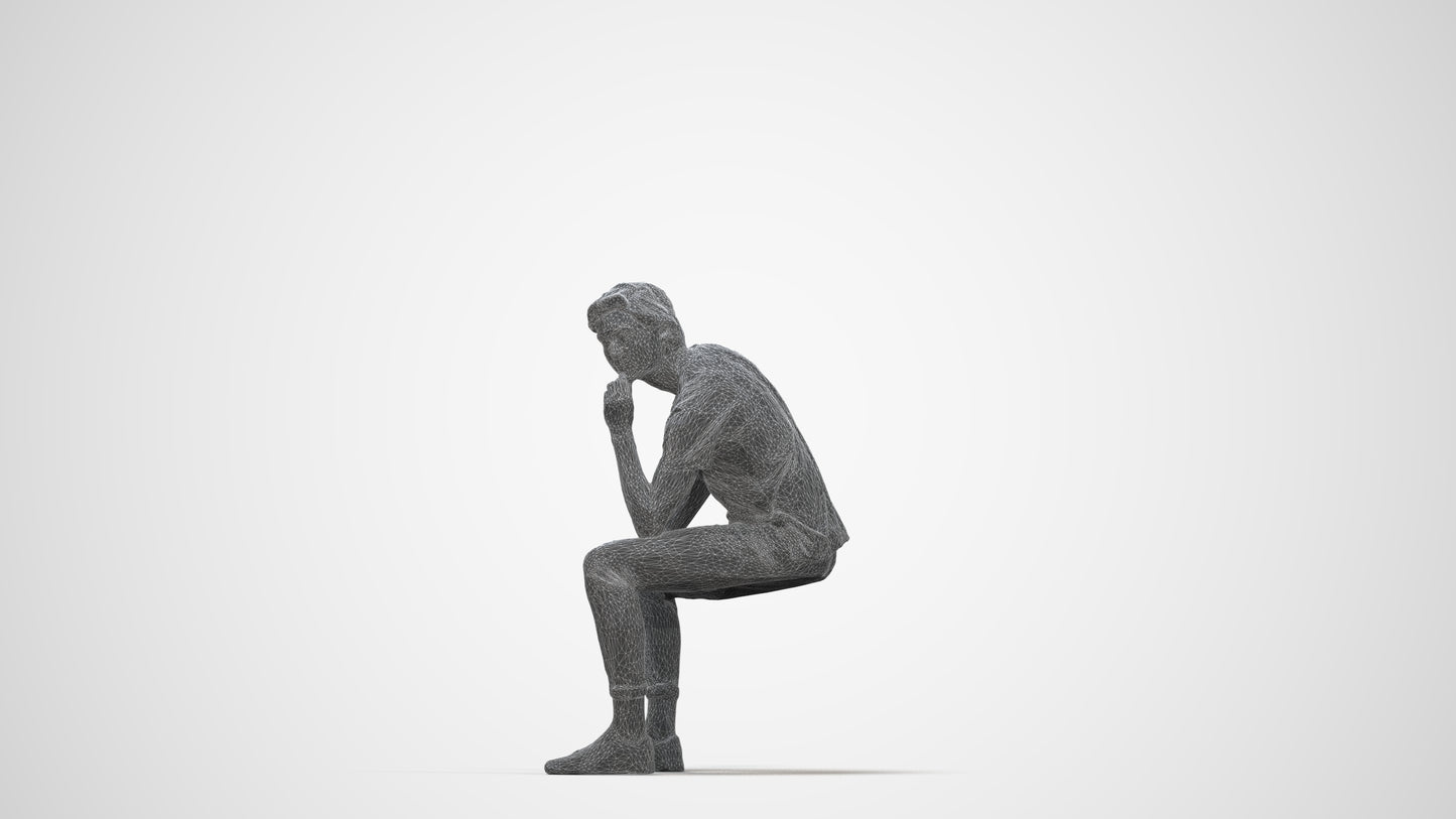 3D scanned man sitting casual, photorealistic archviz people for Enscape and SketchUp, wireframe back view