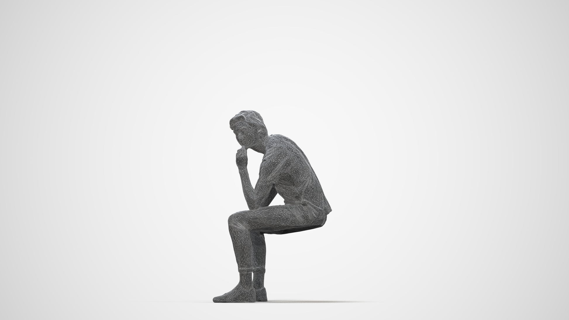 3D scanned man sitting casual, photorealistic archviz people for Enscape and SketchUp, wireframe back view