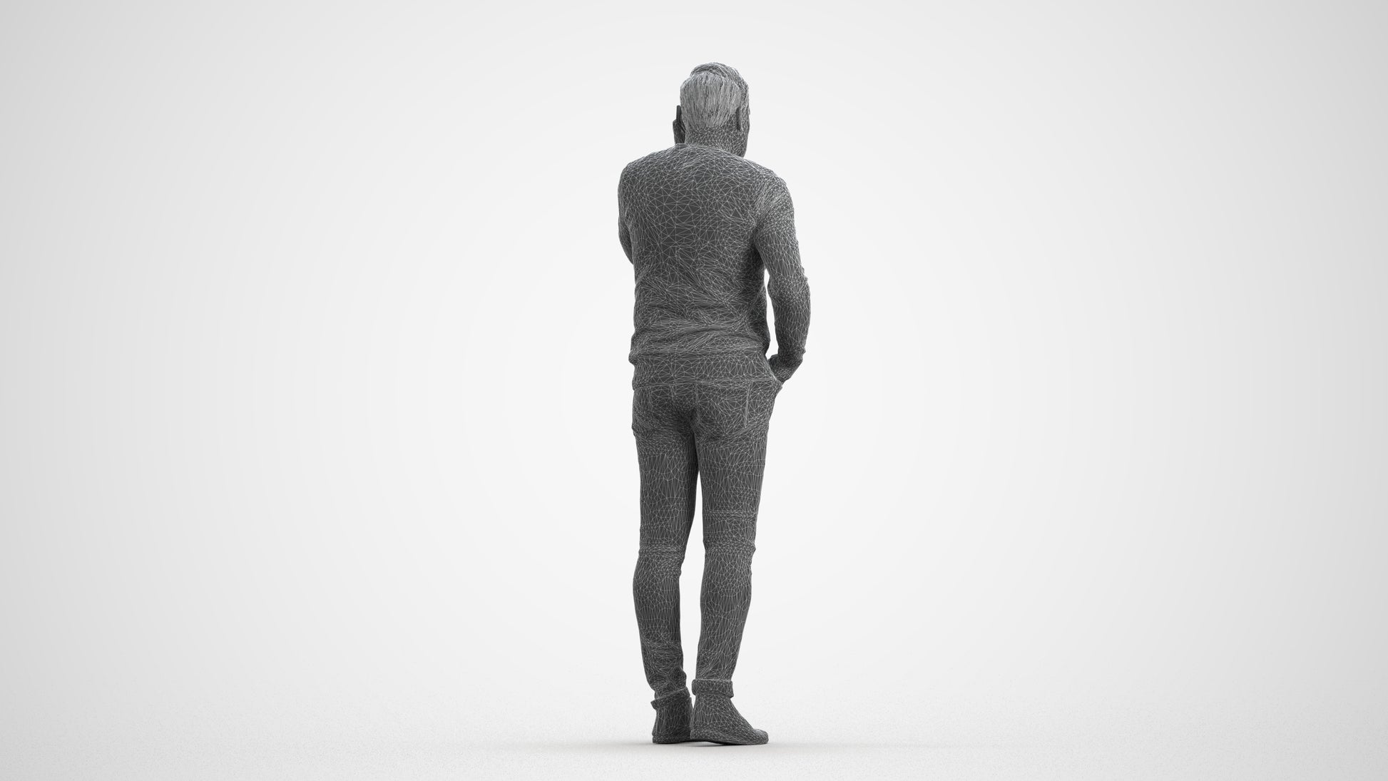 3D human model man casual standing, photogrammetry scanned person for archviz, wireframe front view
