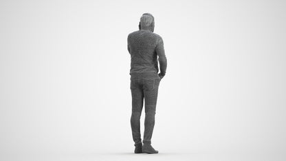 3D human model man casual standing, photogrammetry scanned person for archviz, wireframe front view