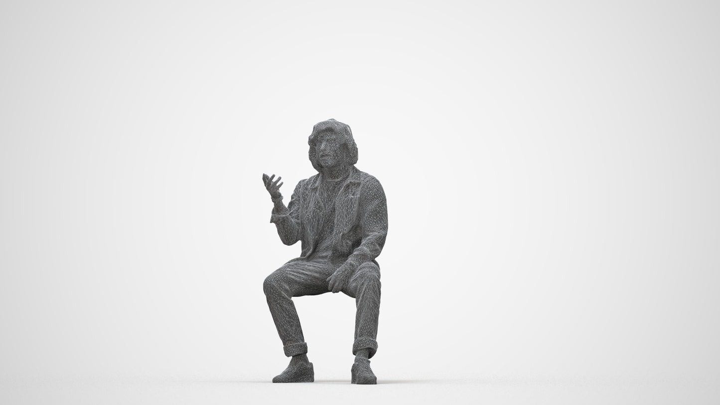 realistic 3D man casual sitting, scanned archviz people for Blender and 3ds Max, wireframe back view