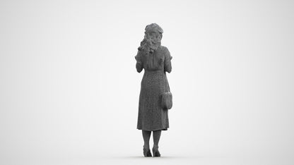 3D human model woman casual standing, photogrammetry scanned person for archviz, wireframe front view