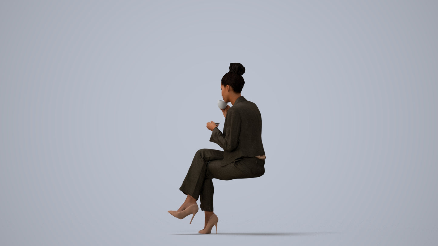 realistic 3D human woman business, archviz people FBX OBJ for Blender, three-quarter view render