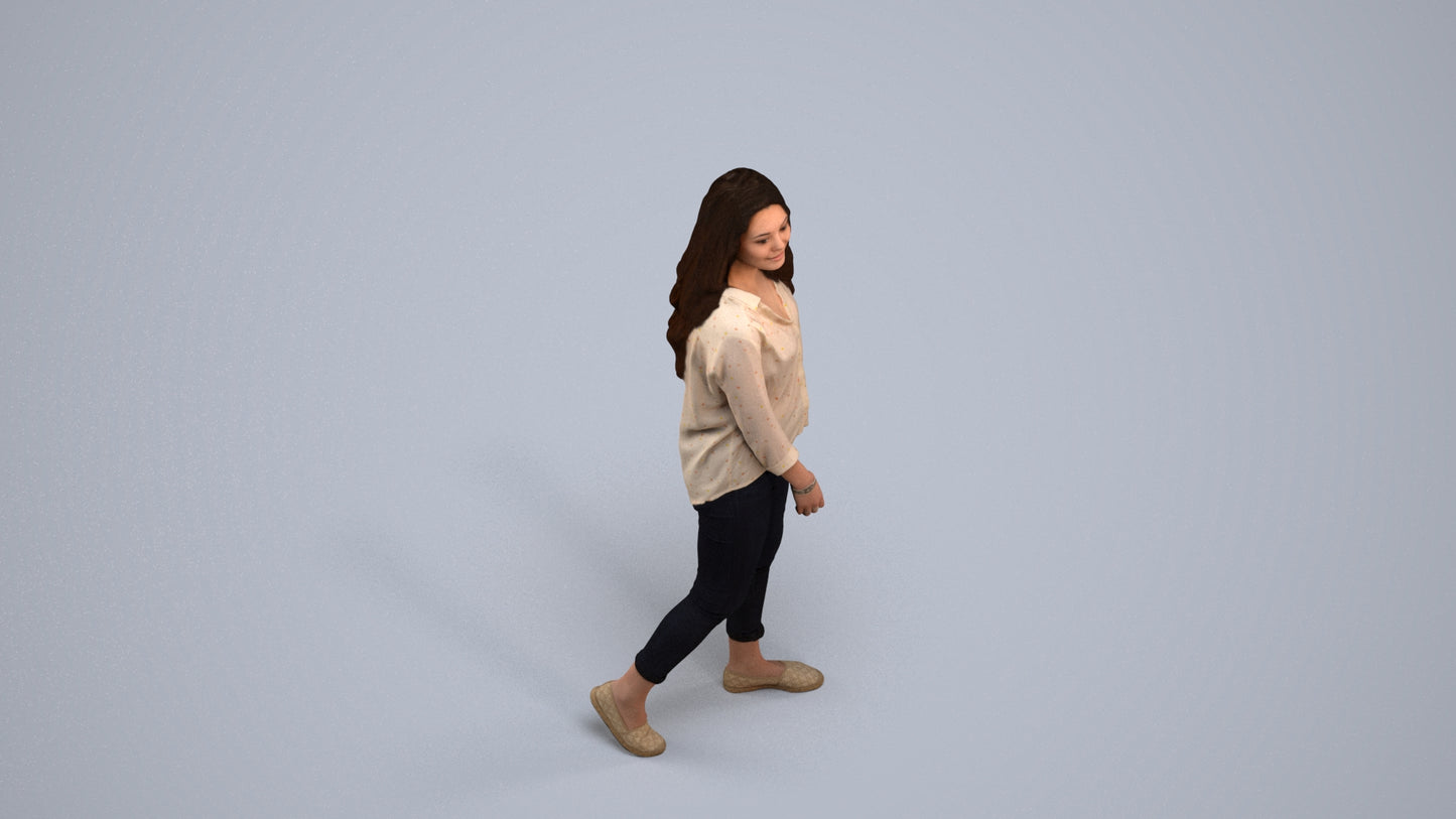 realistic 3D human woman casual walking, archviz people FBX OBJ for Blender, back view render