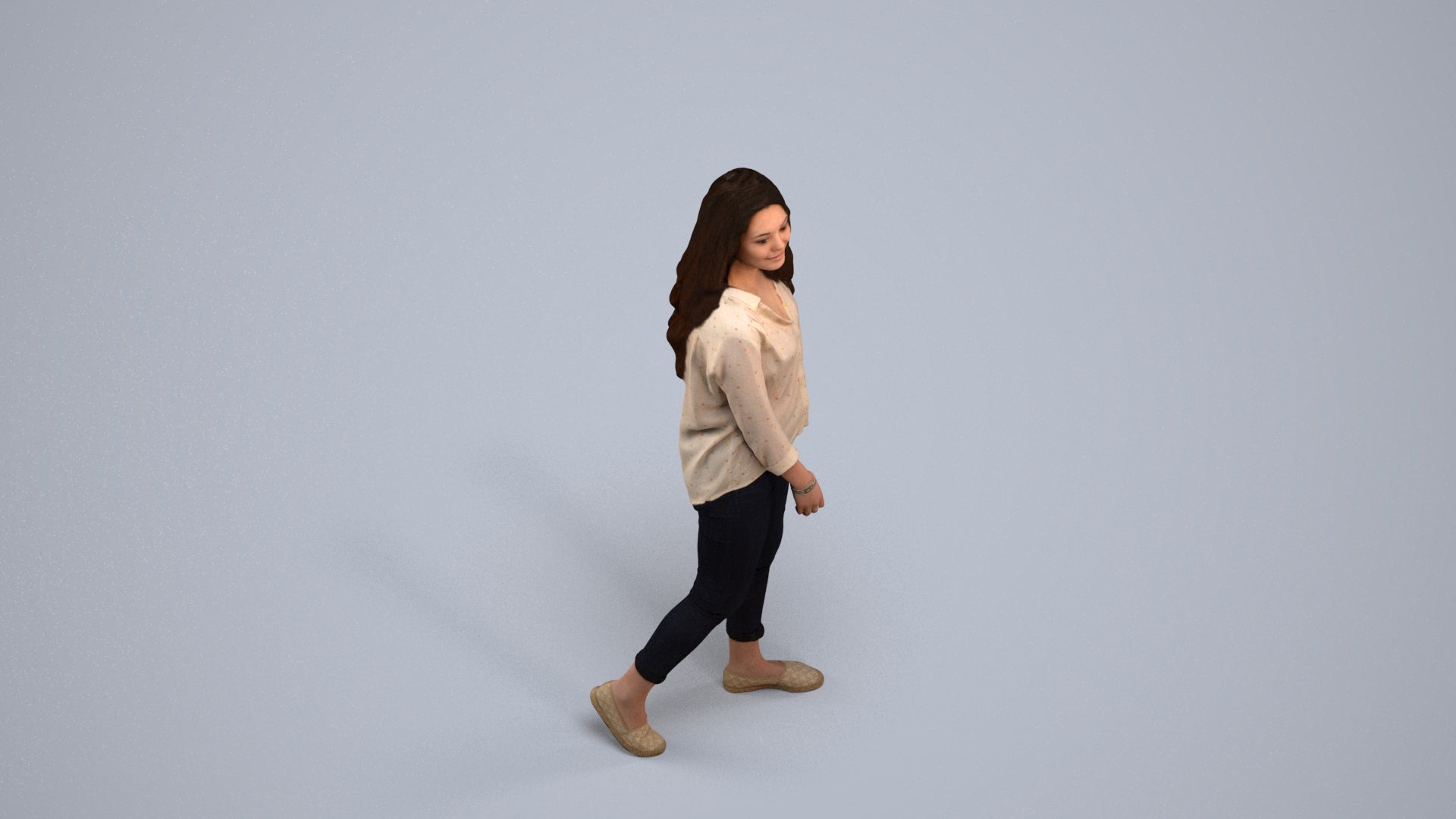 realistic 3D human woman casual walking, archviz people FBX OBJ for Blender, back view render