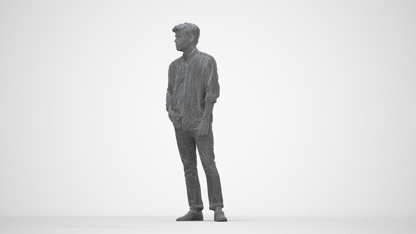 photogrammetry 3D man casual standing, realistic human model archviz FBX, wireframe back view
