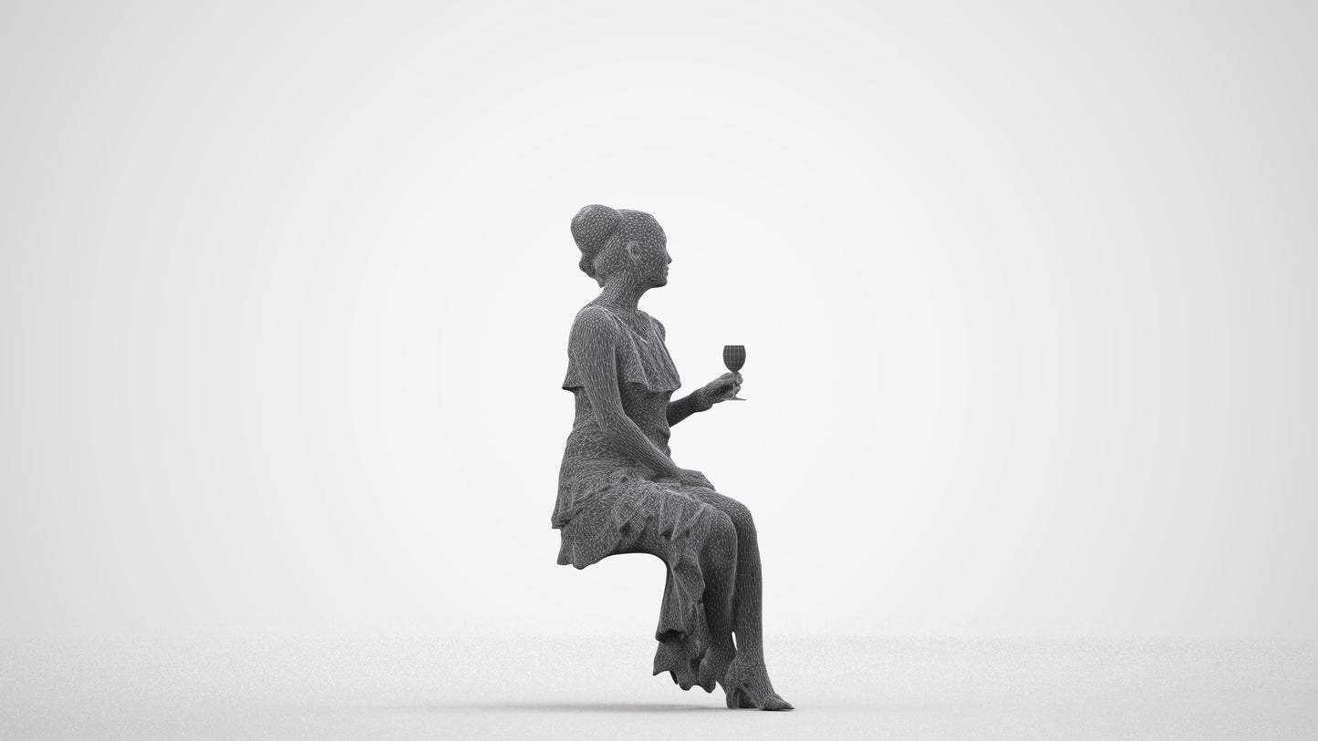 3D human model woman formal formalaffairs, photogrammetry scanned person for archviz, wireframe side view