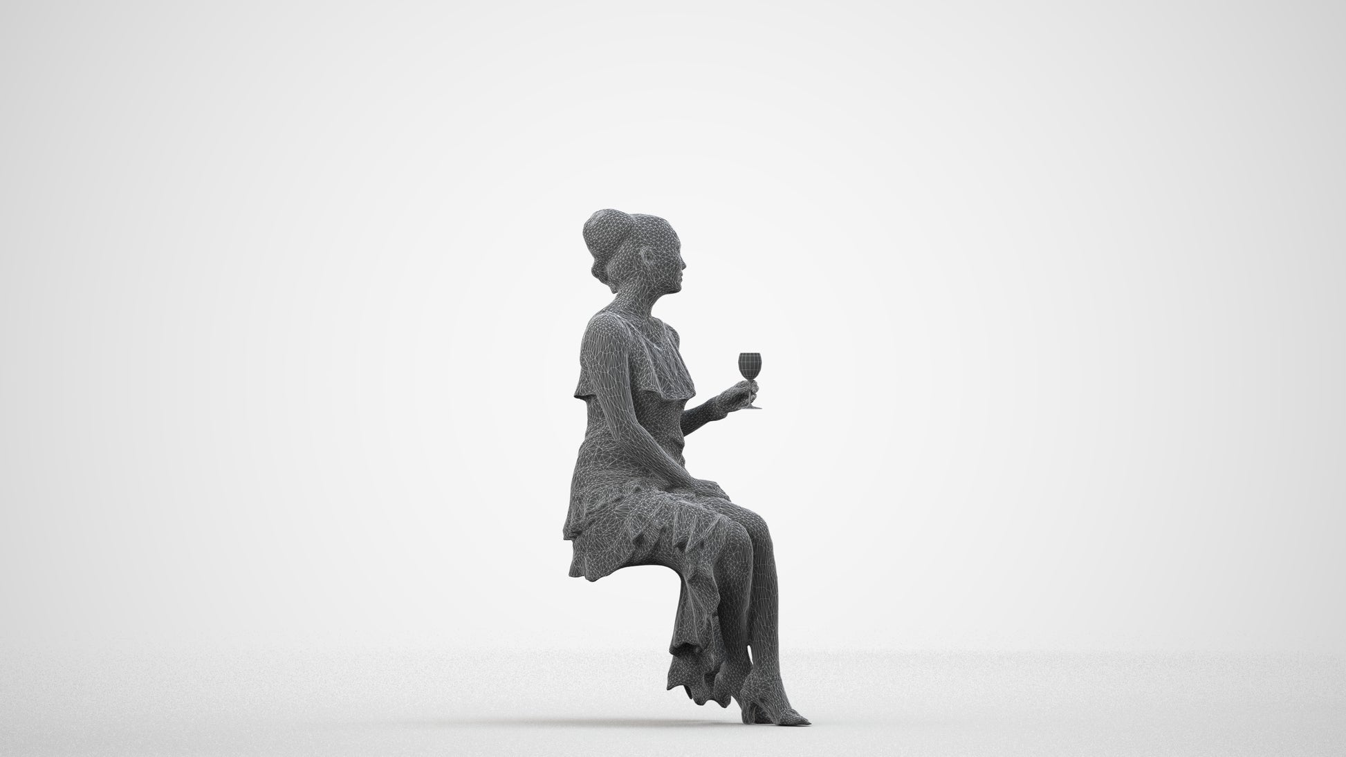 3D human model woman formal formalaffairs, photogrammetry scanned person for archviz, wireframe side view