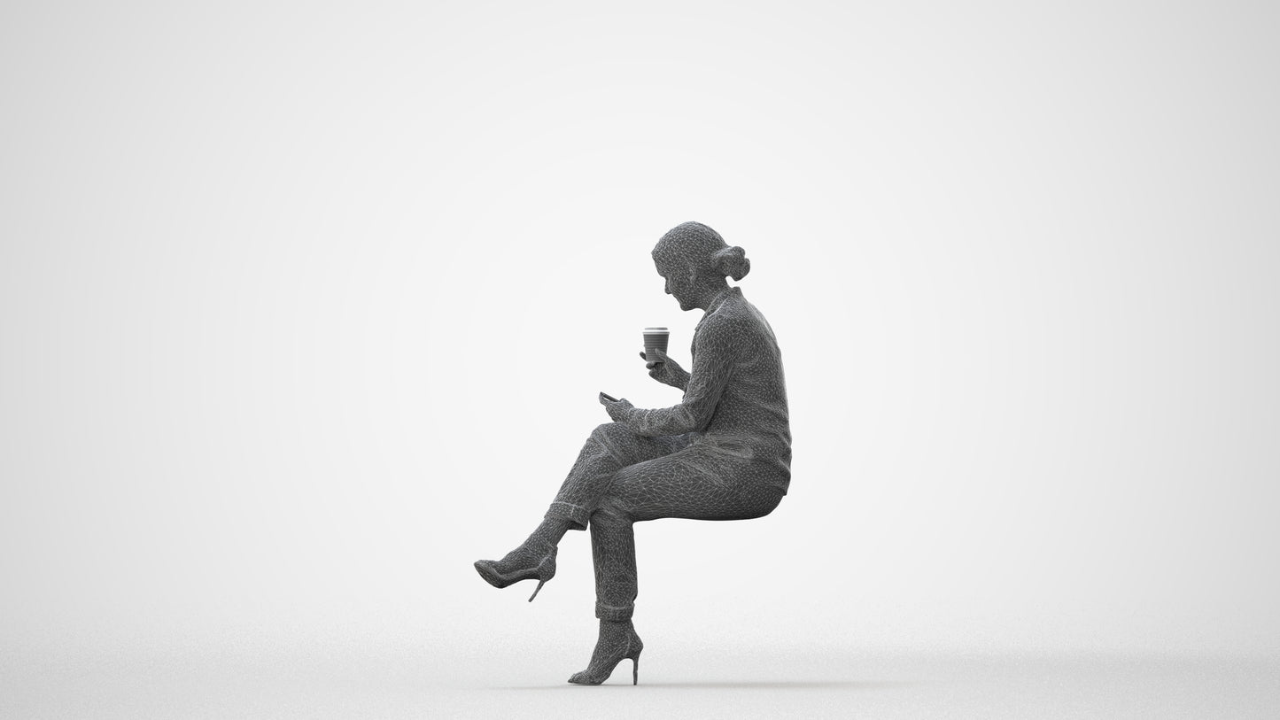 realistic 3D woman casual sitting, scanned archviz people for Blender and 3ds Max, square thumbnail