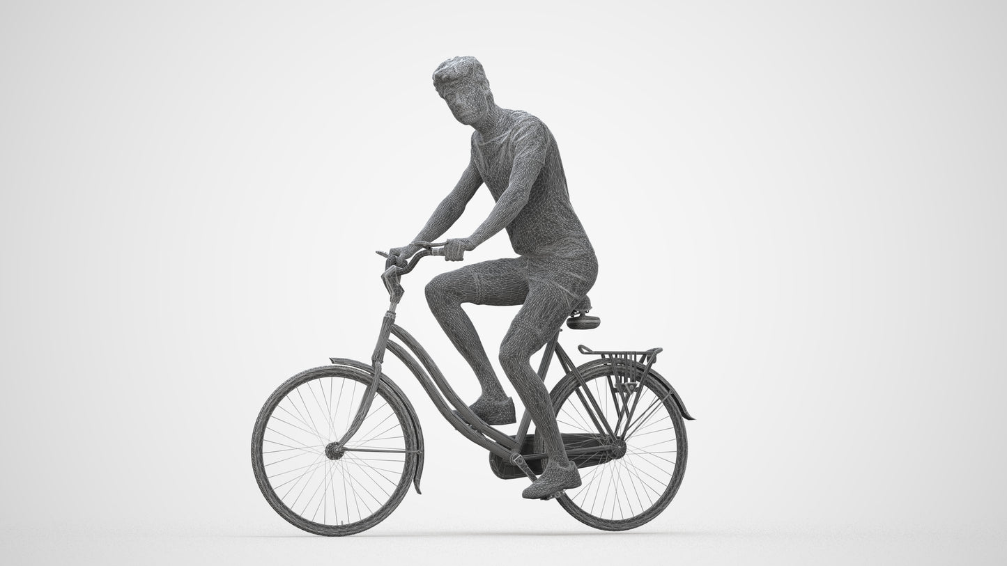realistic 3D man casual cycling, scanned archviz people for Blender and 3ds Max, wireframe back view