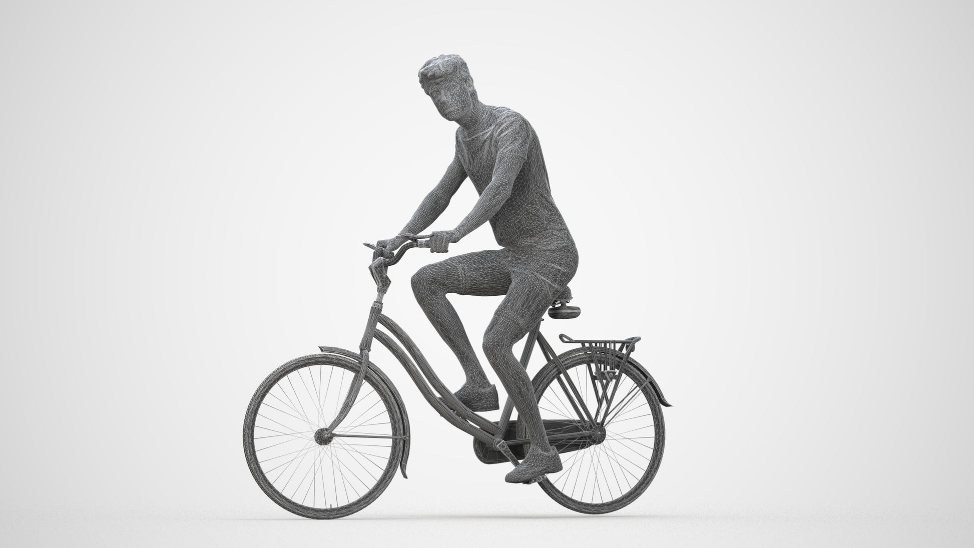 realistic 3D man casual cycling, scanned archviz people for Blender and 3ds Max, wireframe back view