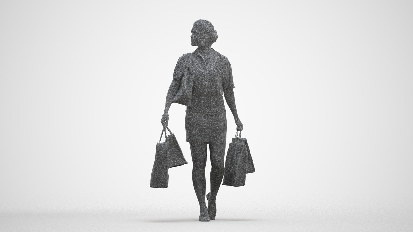 realistic 3D woman casual shopping, scanned archviz people for Blender and 3ds Max, three-quarter front view render