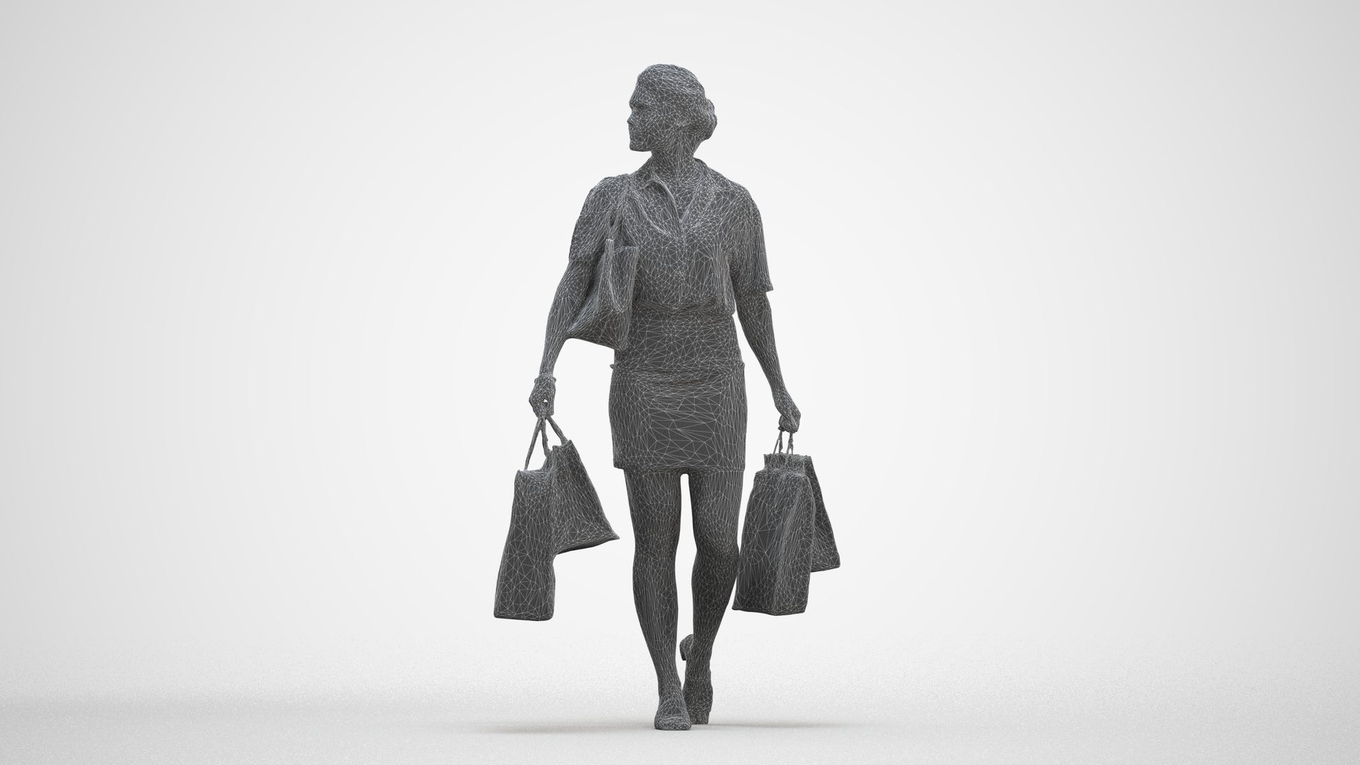 realistic 3D woman casual shopping, scanned archviz people for Blender and 3ds Max, three-quarter front view render