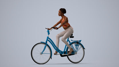 3D scanned woman cycling casual, photorealistic archviz people for Enscape and SketchUp, three-quarter view render