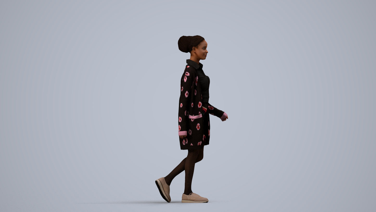 3D scanned woman walking casual, photorealistic archviz people for Enscape and SketchUp, side view render