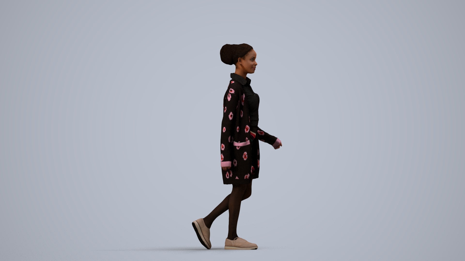 3D scanned woman walking casual, photorealistic archviz people for Enscape and SketchUp, side view render
