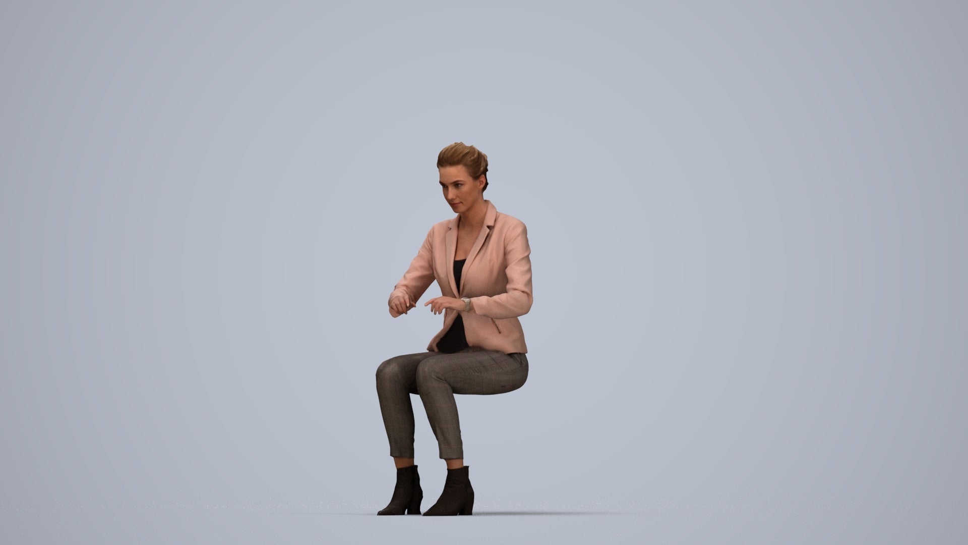 3D human model woman business, photogrammetry scanned person for archviz, top-down view render