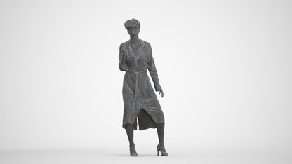 3D human model woman casual standing, photogrammetry scanned person for archviz, three-quarter front view render