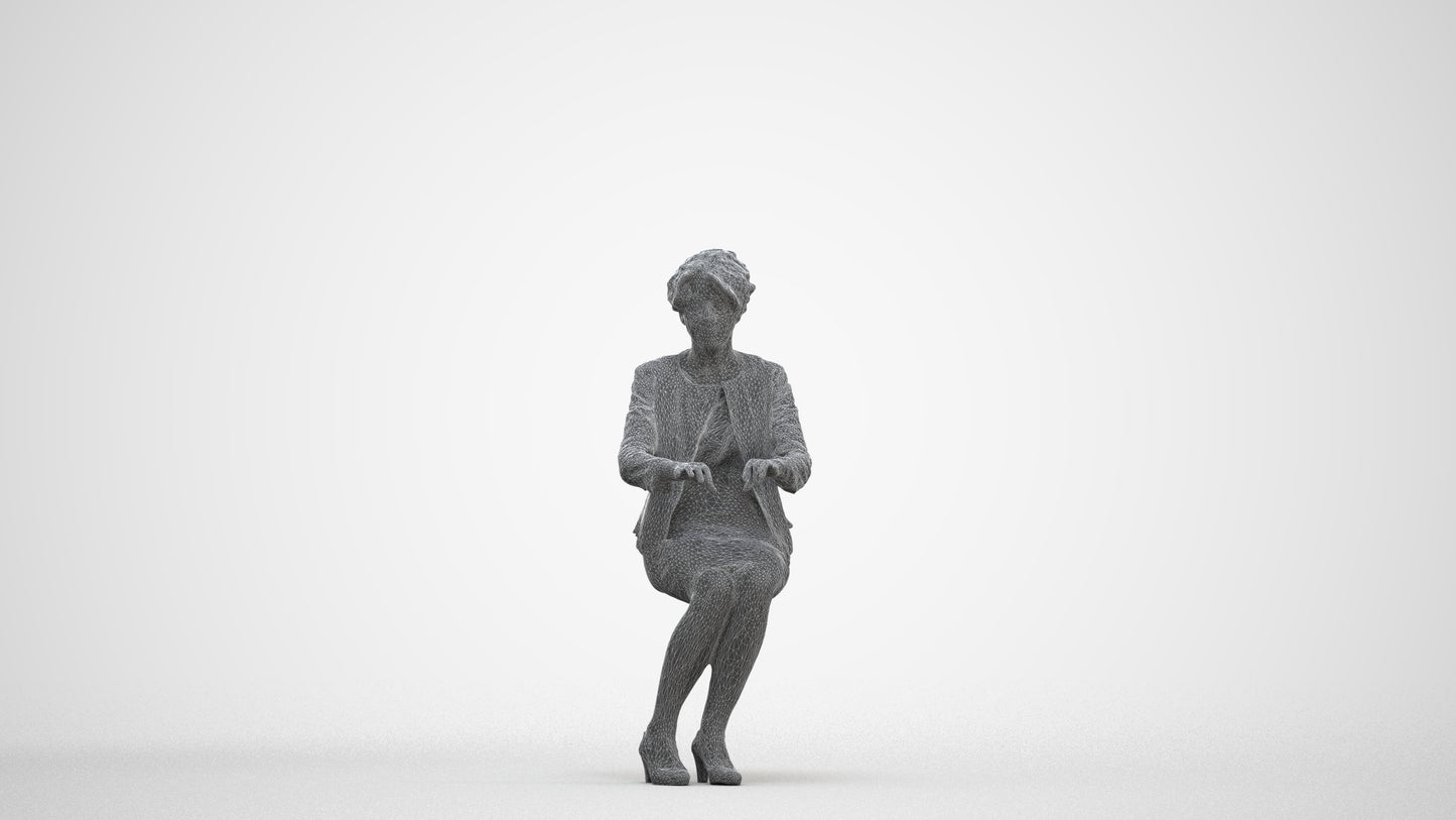 photogrammetry 3D woman business sitting, realistic human model archviz FBX, three-quarter front view render